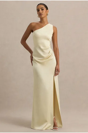 Beth | Lemon Asymmetric Neckline High-Split Maxi Dress
