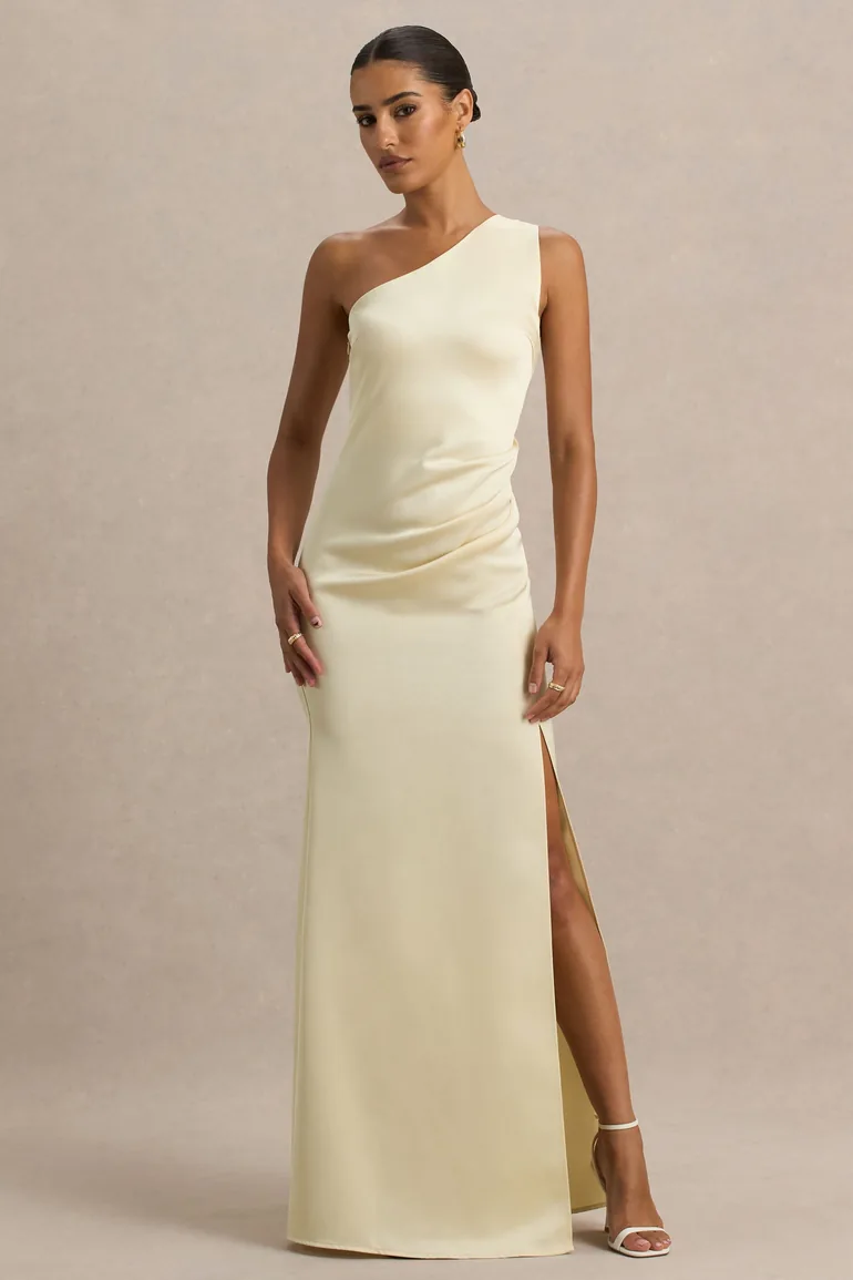 Beth | Lemon Asymmetric Neckline High-Split Maxi Dress