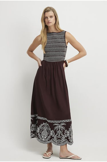 Brown Cotton Embroidered Hem Midi Dress