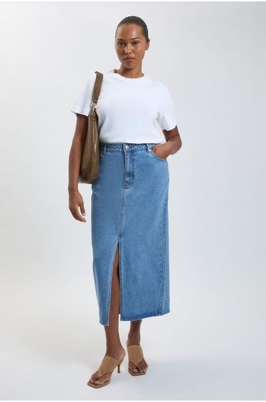 Plus Size Forever Denim 5 Pocket Midi Pencil Skirt