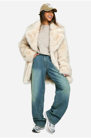 Longline Vintage Look Faux Fur Coat - natural