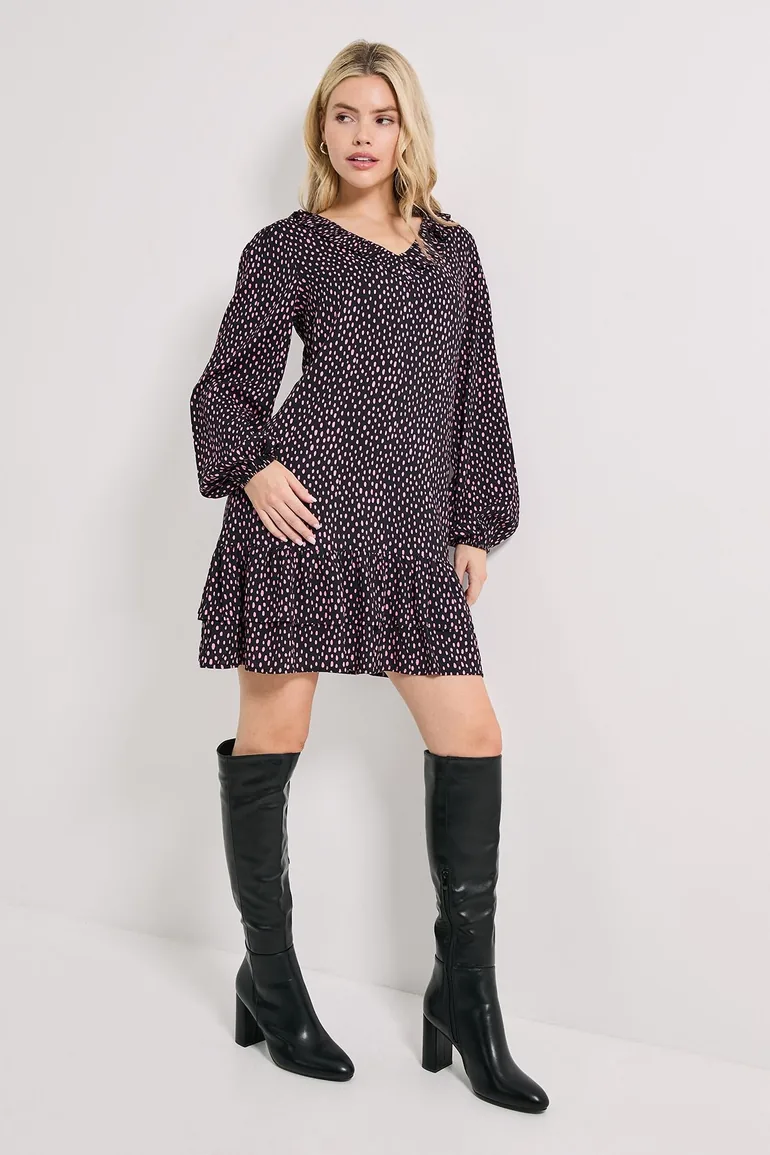 Purple Spot Collar Detail Blouson Sleeve Tiered Mini Dress