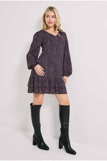 Purple Spot Collar Detail Blouson Sleeve Tiered Mini Dress