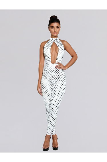 Selvaron Halterneck Dot Cutout Jumpsuit In White