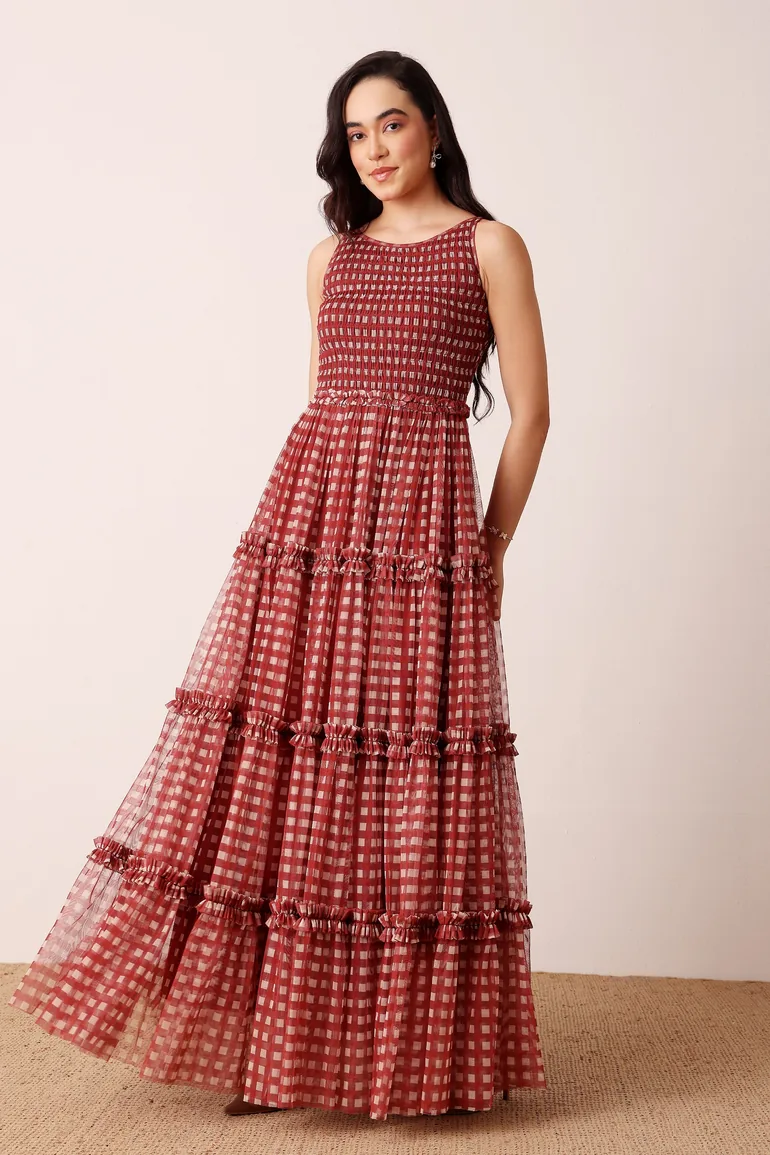 Mhairi Maxi Dress in Burgundy Plaid - 1