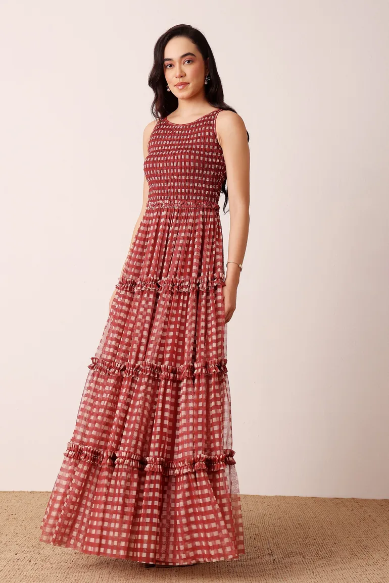 Mhairi Maxi Dress in Burgundy Plaid - 5