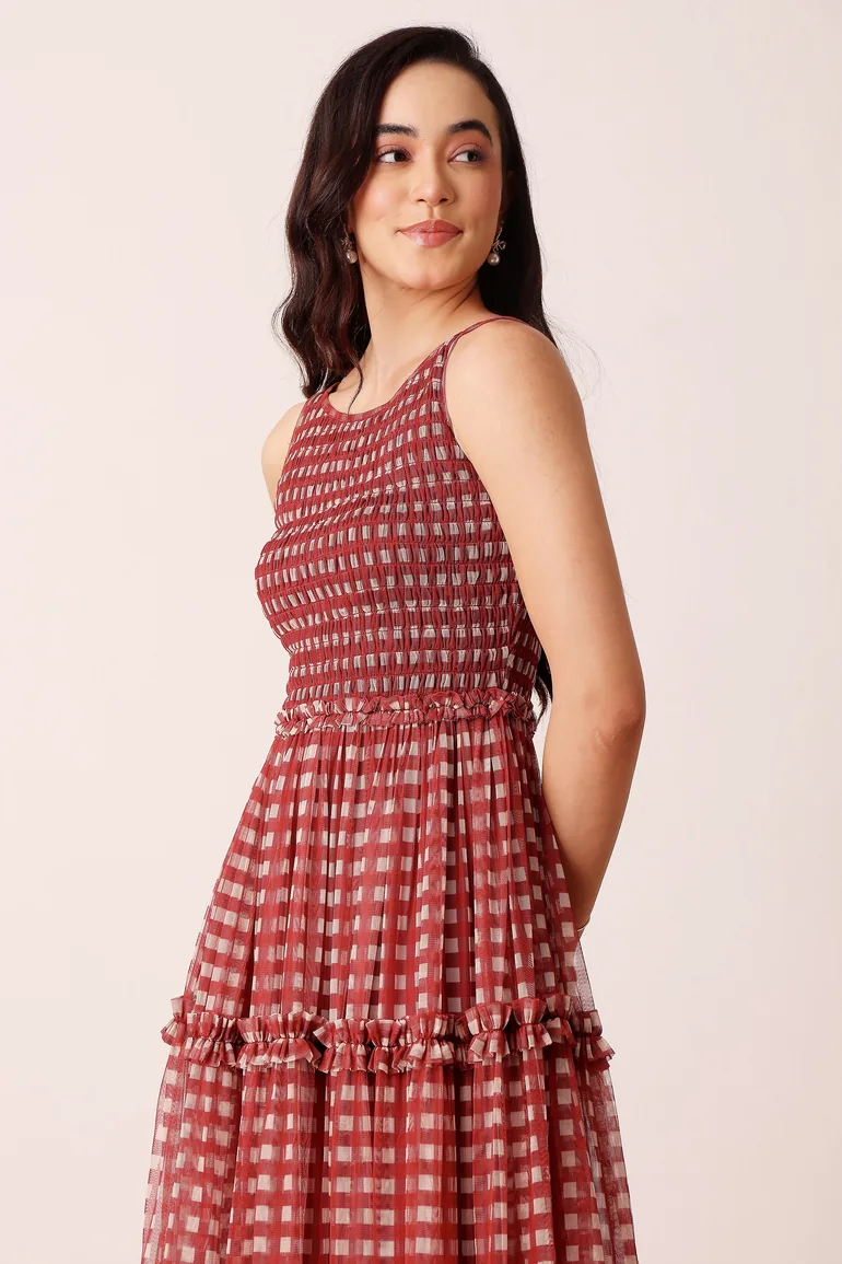 Mhairi Maxi Dress in Burgundy Plaid Lace & Beads Multicolour : Evening  Dresses : VogaCloset Bahrain