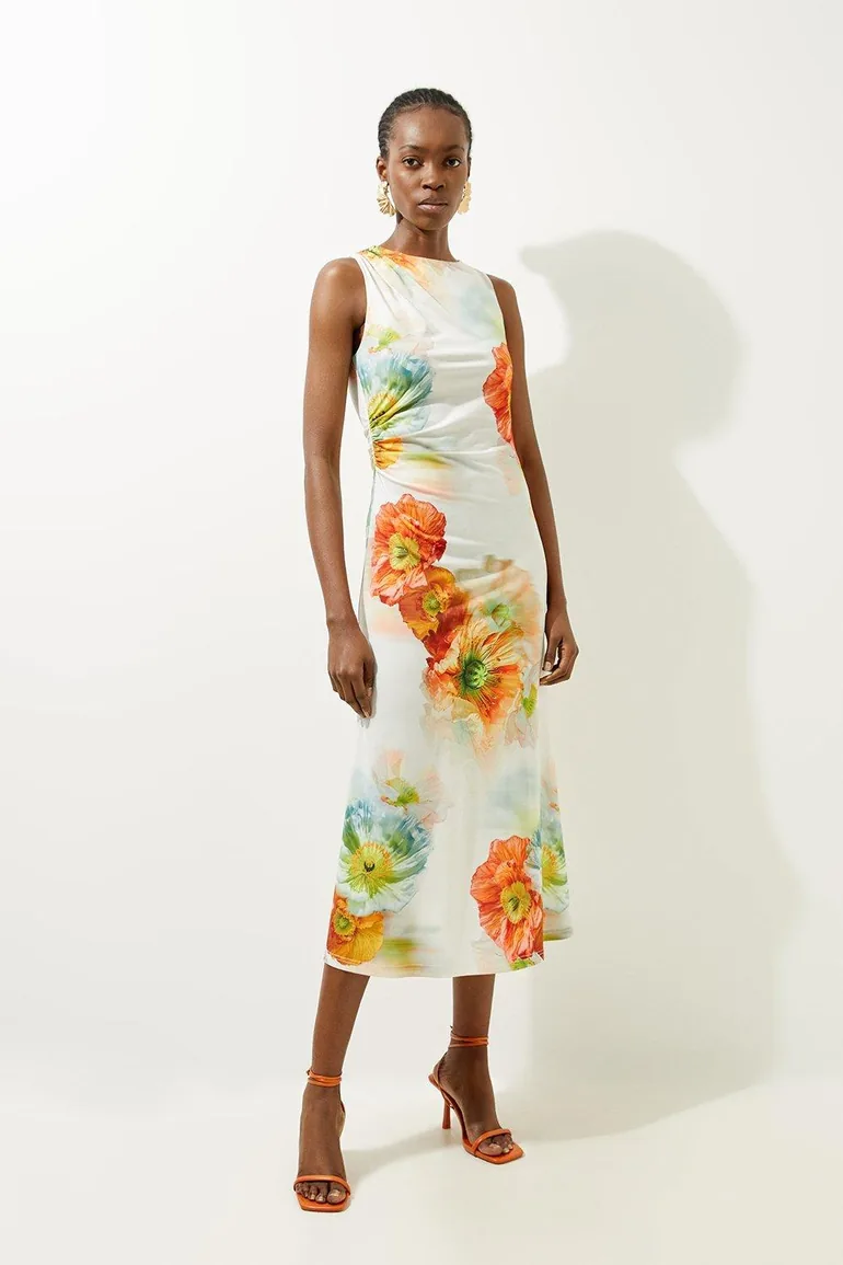 Shop Abstract Floral Printed Jersey Crepe Midaxi Dress Online in Qatar