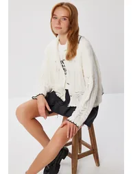 Women's Beige Contrast Striped Knit Cardigan - 2