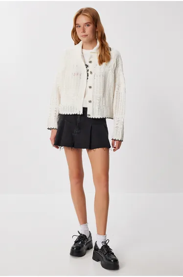 Women's Beige Contrast Striped Knit Cardigan