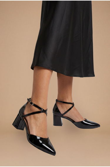Good For The Sole: Wide Fit Millie Comfort Faux Patent Leather Cross Strap Medium Heel Court Shoes