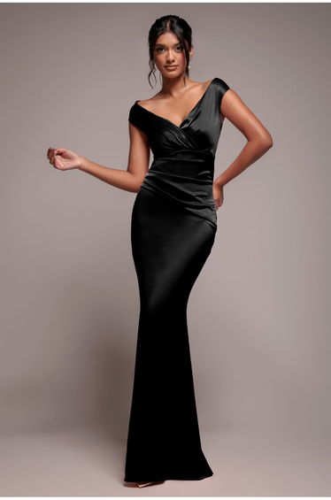 Goddiva Satin Off The Shoulder Floor Length Dress - Black