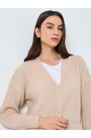 Beige Chunky Knit Cardigan with Patch Pocket