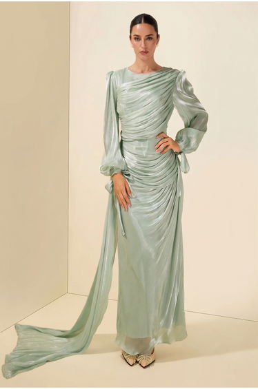 Gathering Lantern Sleeve Lace-Up Maxi Dress