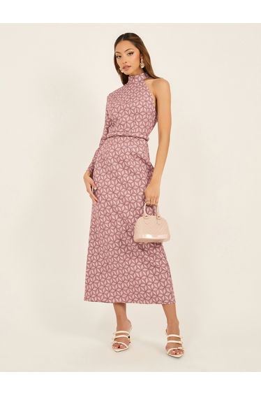 Jacquard One Sleeves Maxi Dress with Self Tie Belt