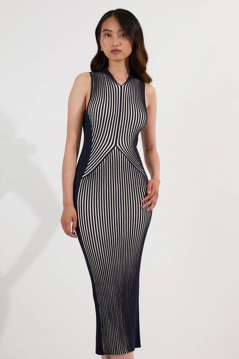 Petite Stripe Fitted Sleeveless Knitted Midi Dress Karen Millen : Dresses : VogaCloset Oman Petite Stripe Fitted Sleeveless Knitted Midi Dress Karen Millen : Dresses : VogaCloset Oman