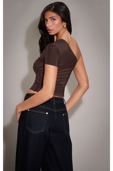 Chocolate Double Layer Slinky Bust Detail One Shoulder Top product thumbnail 3