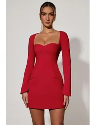 Sweetheart-Neck Long-Sleeve A-Line Mini Dress in Red