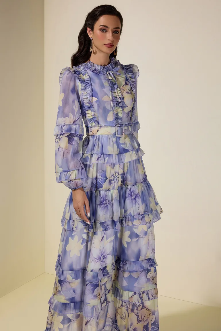 Floral Ruffle Maxi Dress With Belt - 3