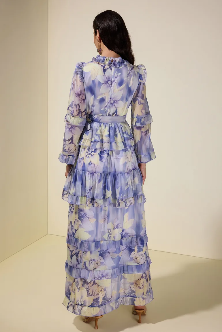 Floral Ruffle Maxi Dress With Belt - 1