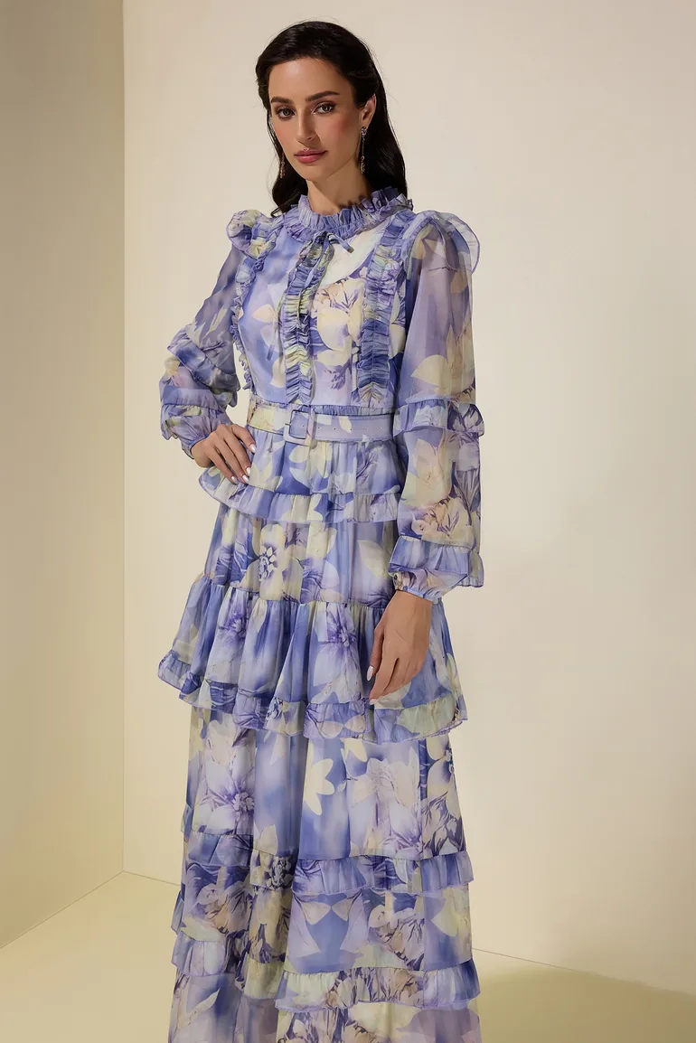 Floral Ruffle Maxi Dress With Belt - 2