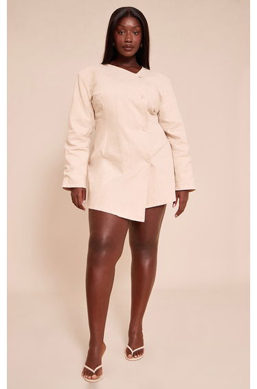 Plus Natural Premium Linen Cinched Waist Cocoon Sleeve Mini Dress