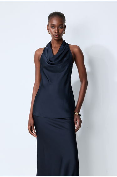 Soft Elegance Blue Sleeveless Cowl Neck Top