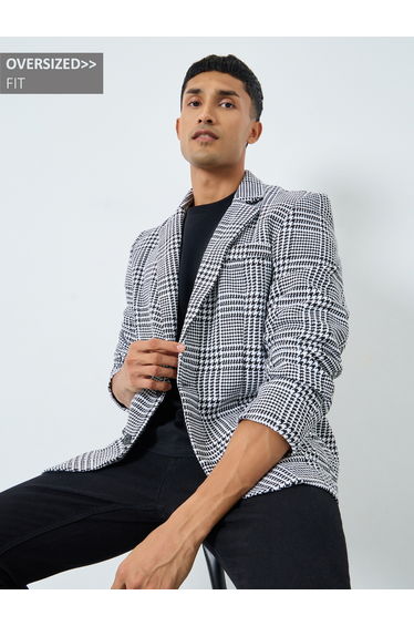 Men Black Plaid Oversized Tweed Look Coat