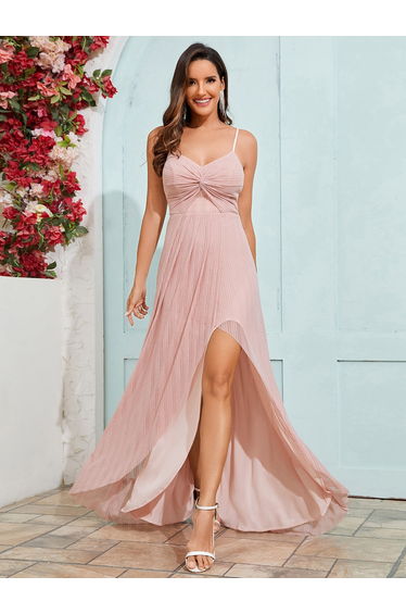 Elegant High Slit V-Neck Sleeveless Bridesmaid Dress with Pleating