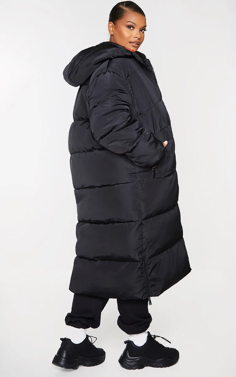 Plus Black Maxi Contrast Hooded Puffer Jacket - 1