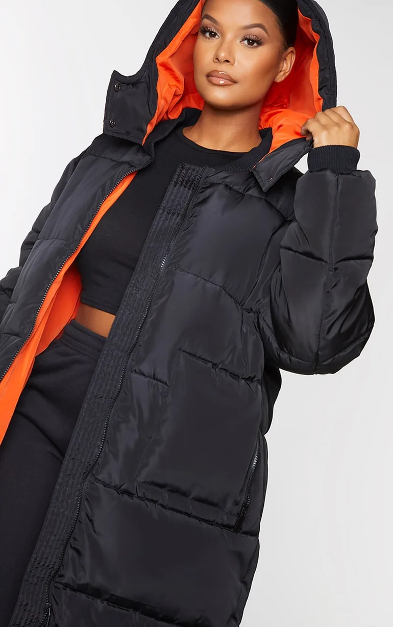 Plus Black Maxi Contrast Hooded Puffer Jacket - 3