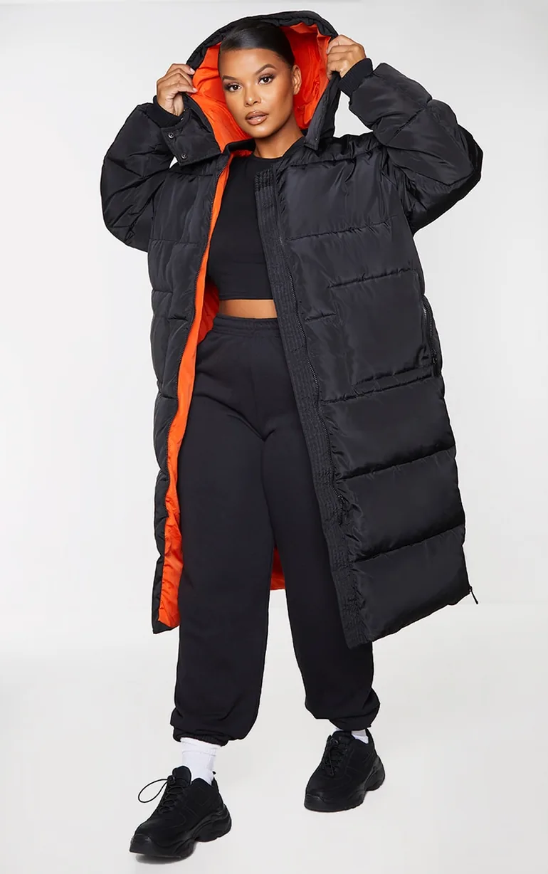 Plus Black Maxi Contrast Hooded Puffer Jacket - 2