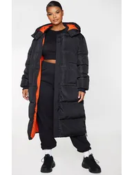 Plus Black Maxi Contrast Hooded Puffer Jacket