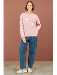 Yumi Pink Relaxed Jumper With Crochet Flowers