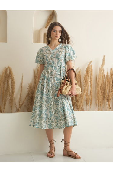 Floral Printed Pure Cotton A-Line Midi Dress