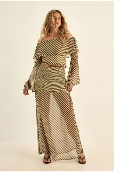 Chiffon Stripe Shirred Waist Sheer Maxi Skirt