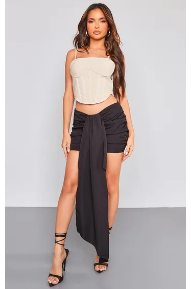 Black Ruched Drape Front Detail Mini Skirt