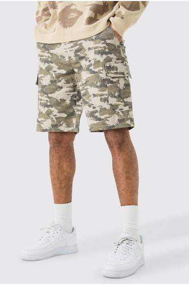 Washed Camo Fixed Waist Relaxed Cargo Shorts - grey
