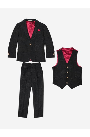 Boys Shawl Collar Jacquard 3 Piece Suit in Black