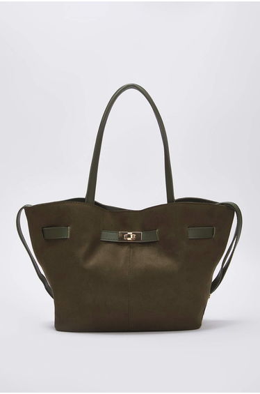 Khaki Soft Suede Handle and Cross Strap Tote Women's Maxi Size Shoulder Bag