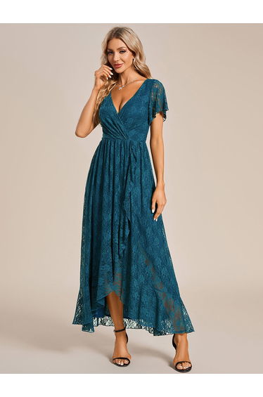 ever ELISE|Pleated V-Neck Lace Formal Evening Dress