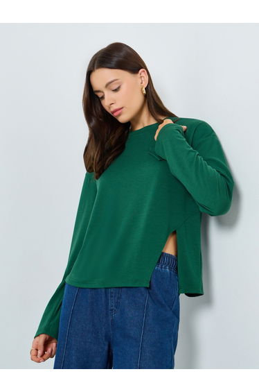Green Oversized Long Sleeve Side Slit T-Shirt