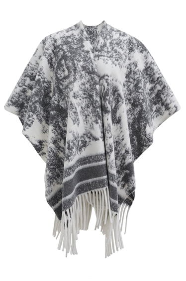 Abstract Ink Dye Fringed Poncho in Smoke