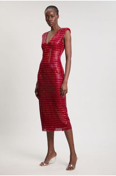 Premium Crystal Embellished Jersey Sleeveless Plunge Neck Midi Dress