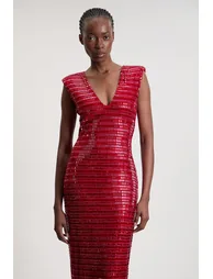 Premium Crystal Embellished Jersey Sleeveless Plunge Neck Midi Dress - 1