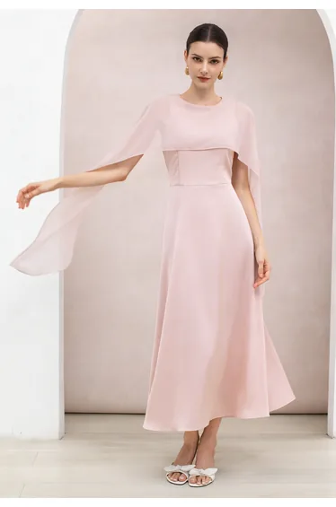 Flowy Chiffon Cape Panel Satin Sleeveless Dress in Light Pink for Cocktail Parties & Dinner Dates