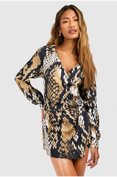 Snake Satin Wrap Dress - black
