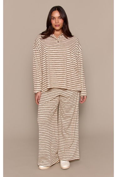 Plus Light Brown Soft Rib Striped Low Rise Straight Leg Trousers