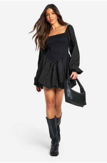 Shirred Long Sleeve Smock Dress - black