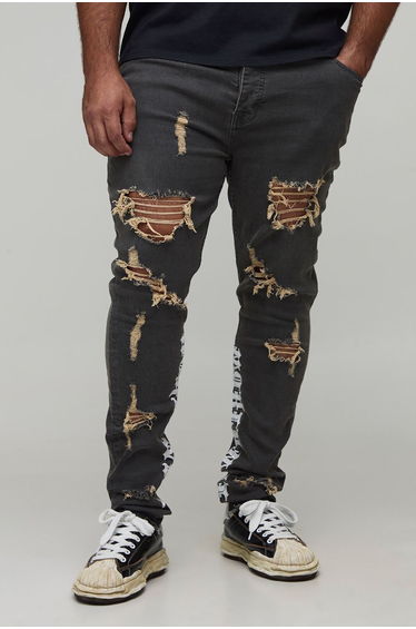 Plus Stacked Skinny Distressed Embroidered Gusset Jeans - mid grey
